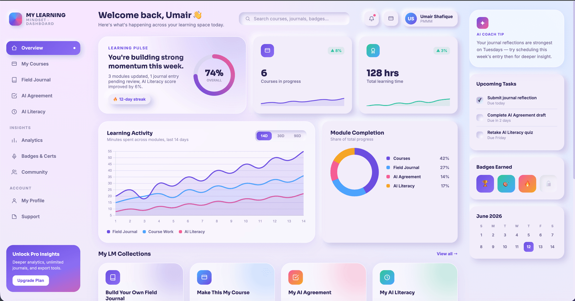 My Learning Mindset dashboard screenshot